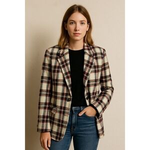 Vintage White Stag Wool Blazer Women 14 Ivory Red Plaid Holiday Christmas Preppy